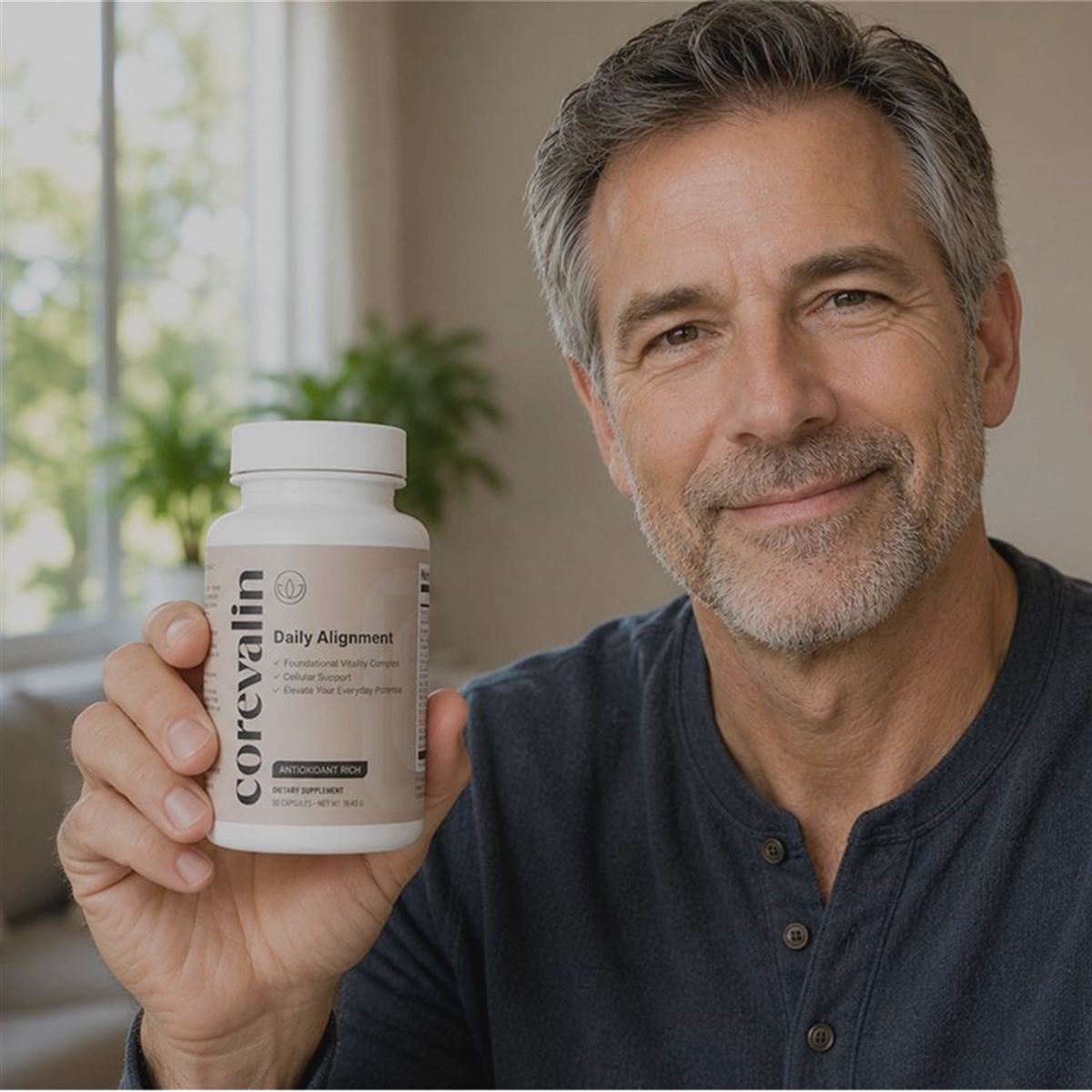 A man in his fifties holding a Corevalin bottle at home