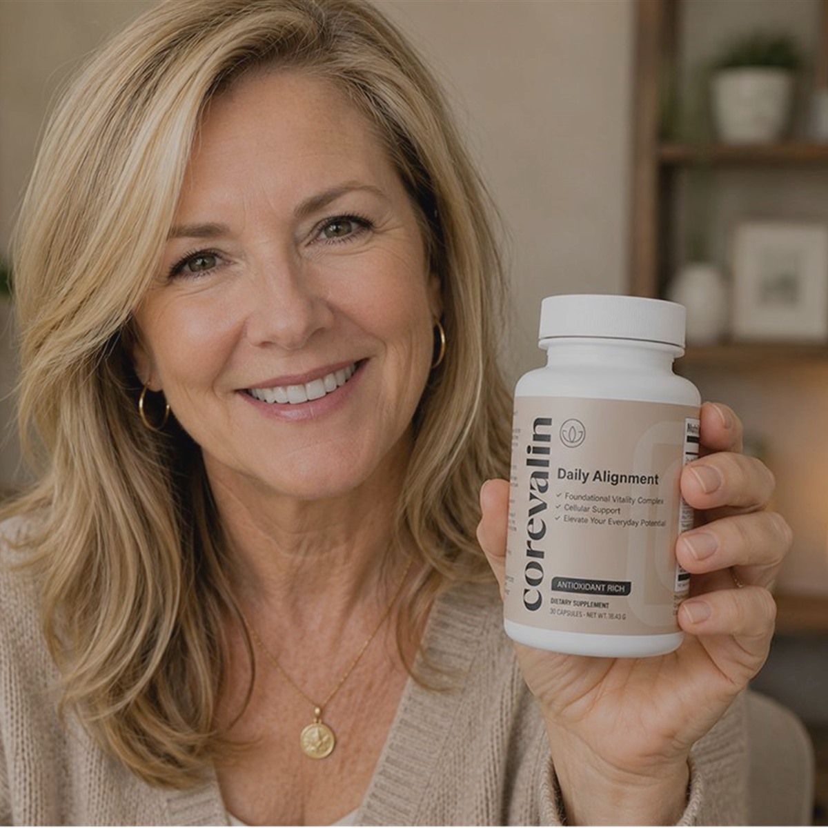 A woman in her fifties holding a Corevalin bottle at home